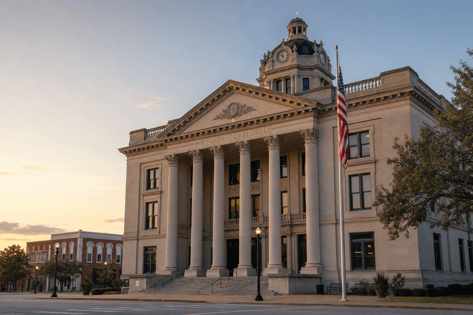 A small-town American courthouse at dawn.