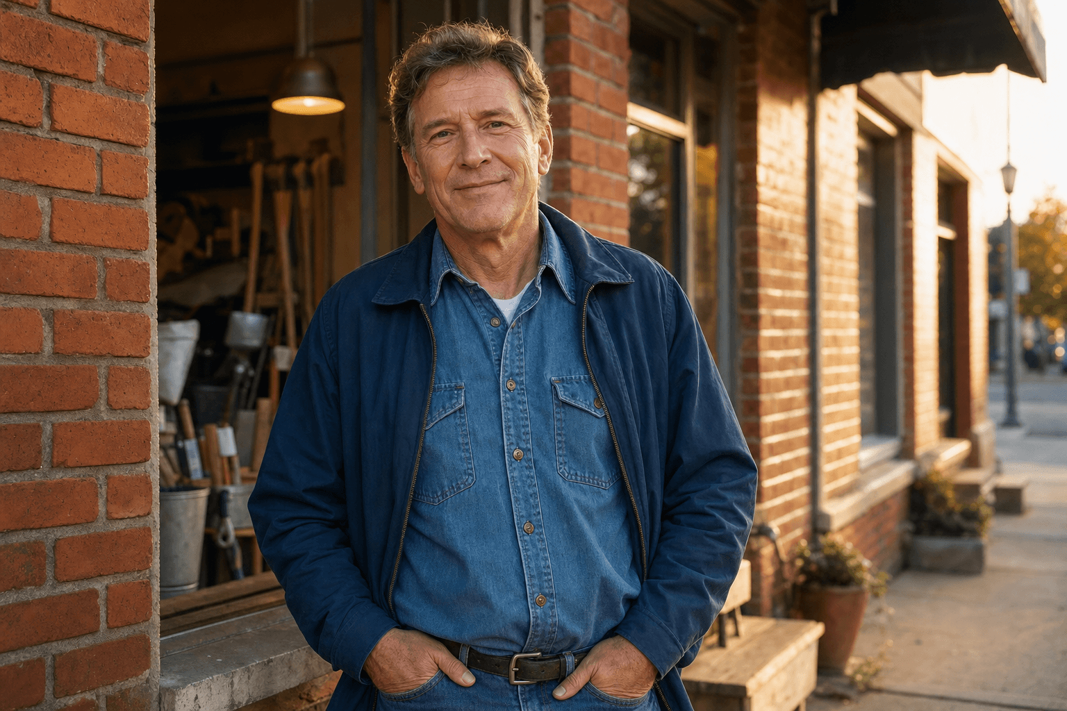 Daniel R., hardware-store owner in Asheville, standing in front of his storefront.