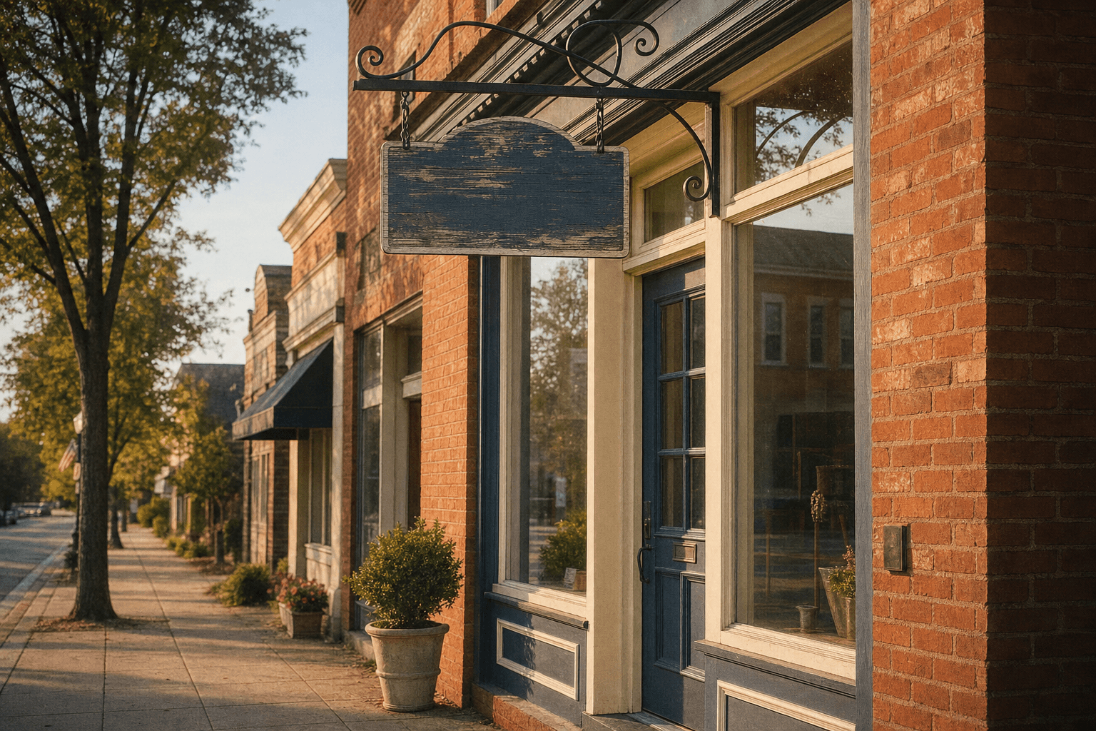A small-town American storefront at golden hour.