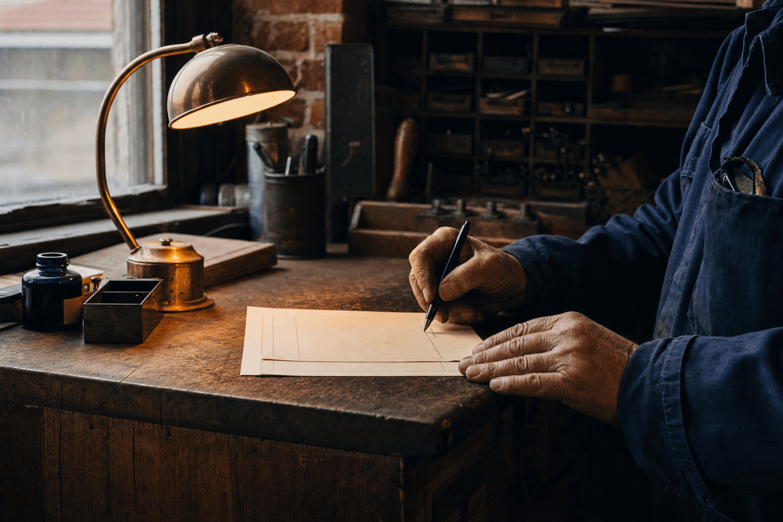 A craftsman at a workshop counter writes on a form.